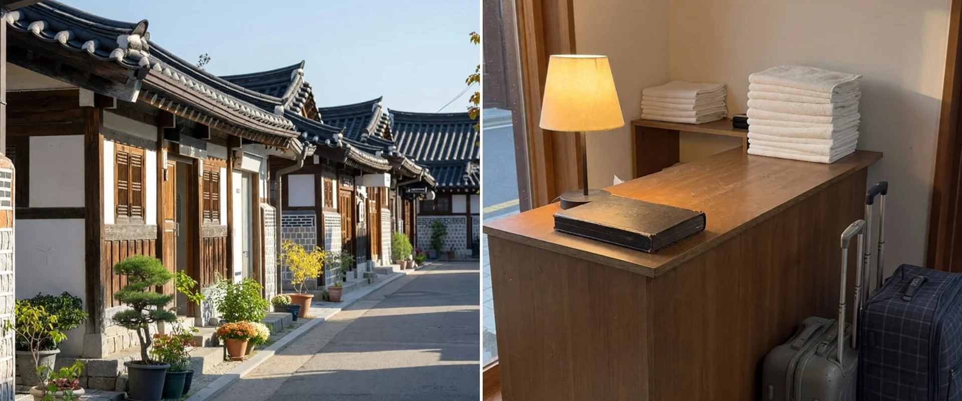 Two panels side by side: a narrow low-rise street of single-storey shopfronts in a historic Korean city, and a small accommodation reception corner with a plain wooden counter.