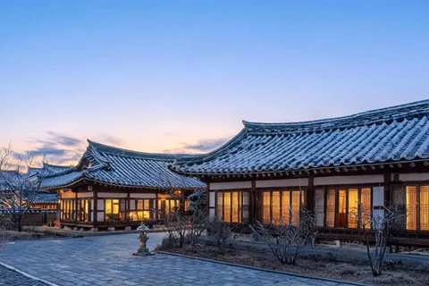 Illustrative Gyeongju hanok roofs in winter light