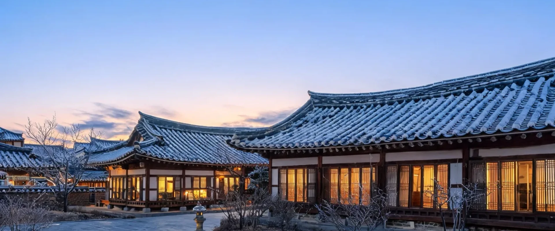 Illustrative Gyeongju hanok roofs in winter light