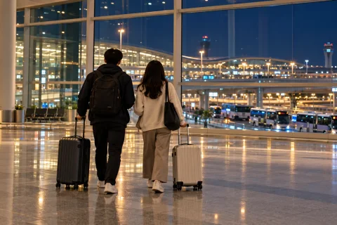 Two travelers with suitcases look through an airport window toward buses at night
