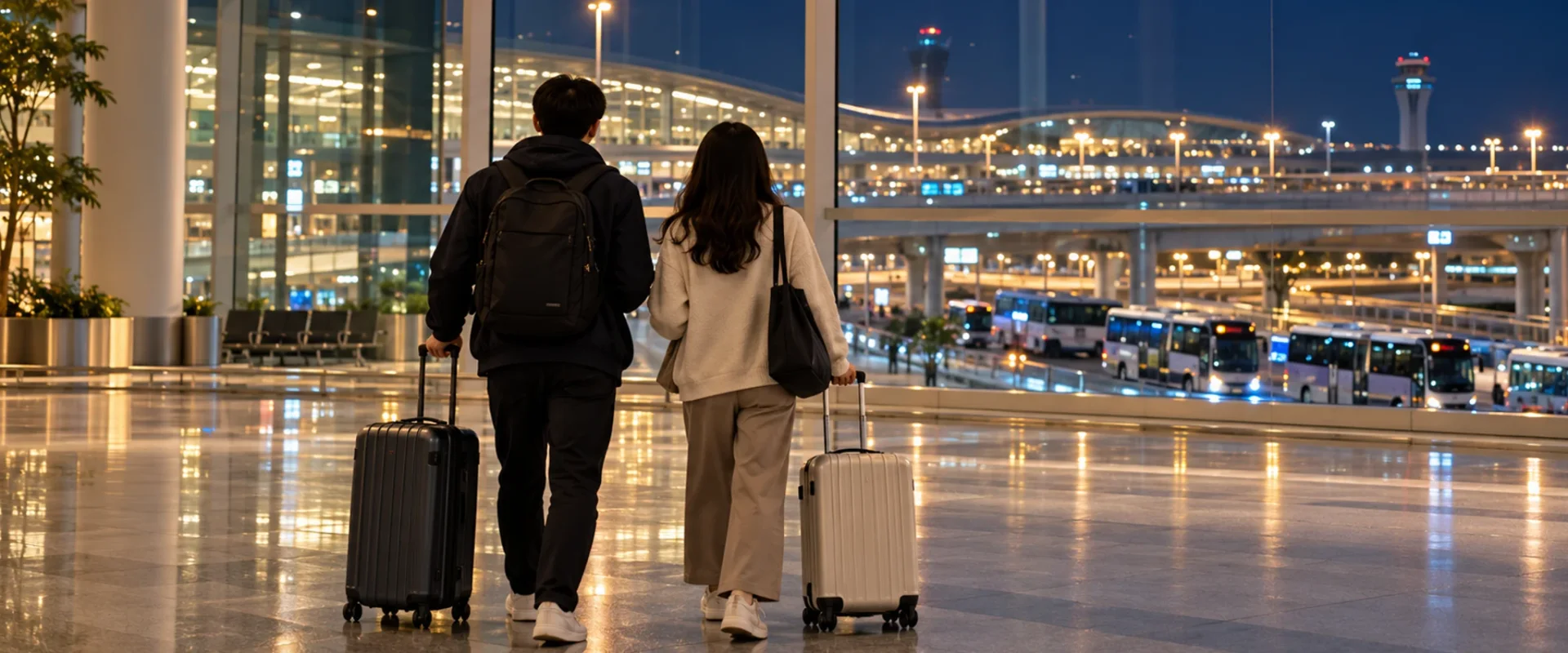 Two travelers with suitcases look through an airport window toward buses at night