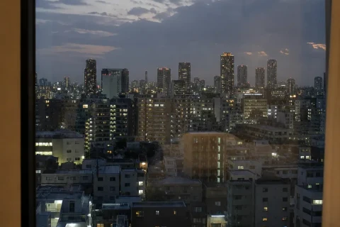 Tokyo skyline at dusk seen through a hotel window