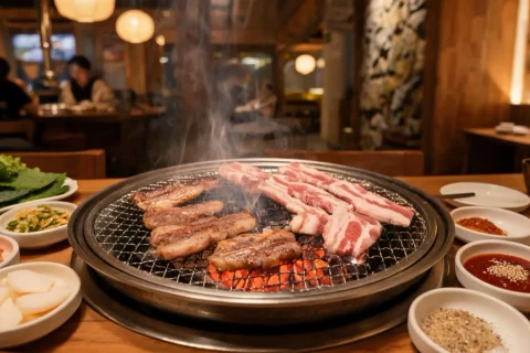 Jeju black pork belly grilling over charcoal