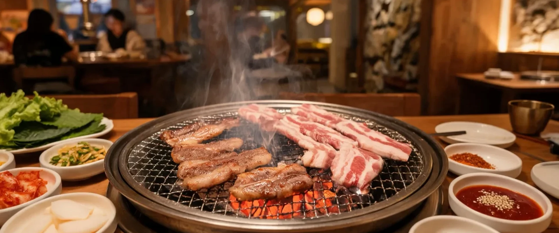 Jeju black pork belly grilling over charcoal