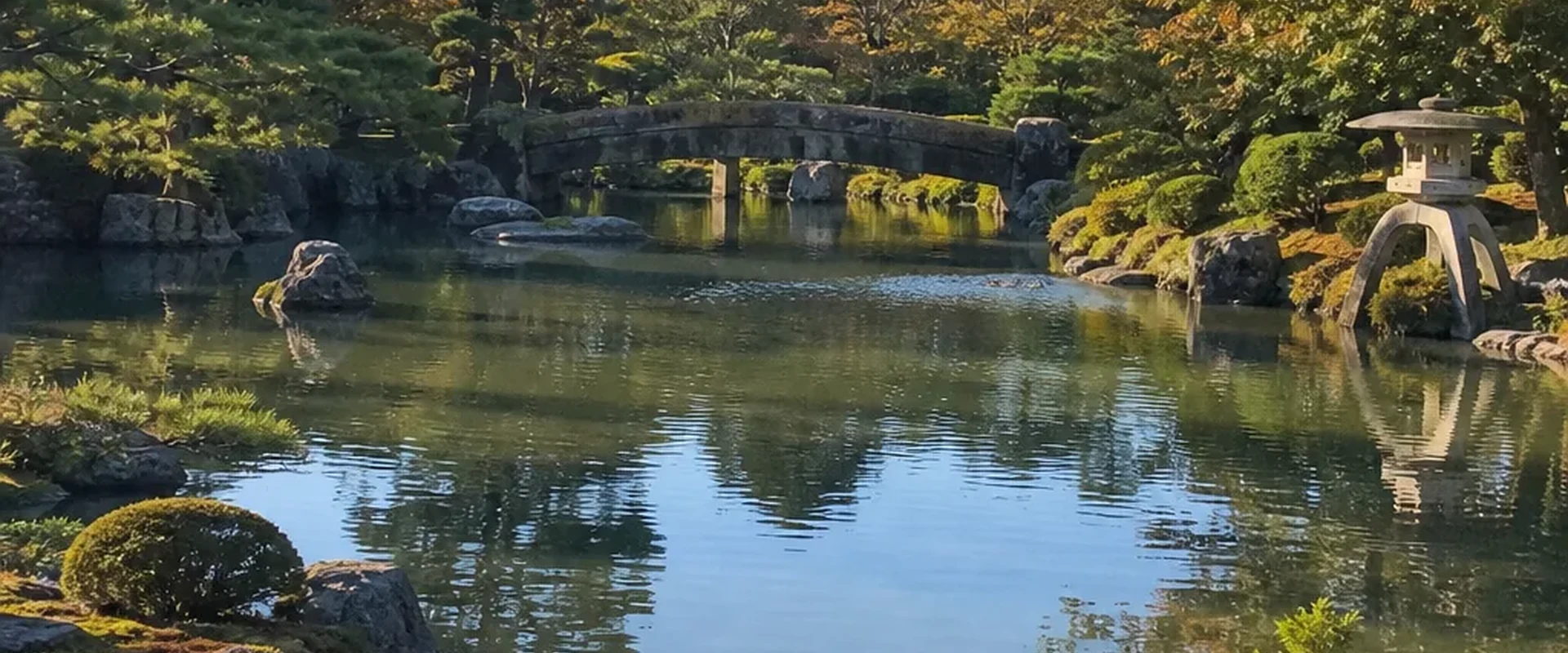 Garden pond, stone bridge and pines in autumn light