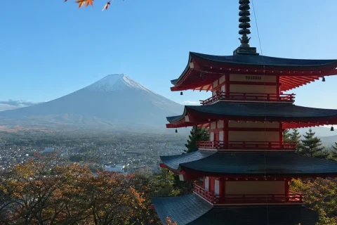 Chureito Pagoda with Mount Fuji rising behind