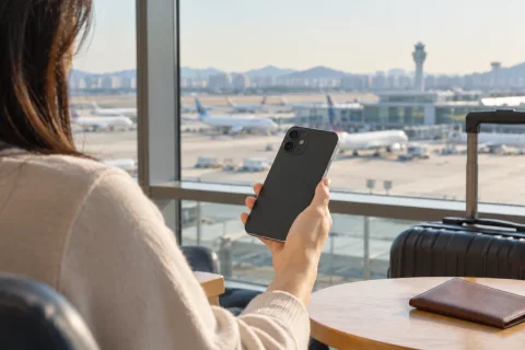 A traveler holding a smartphone beside a suitcase at an airport window