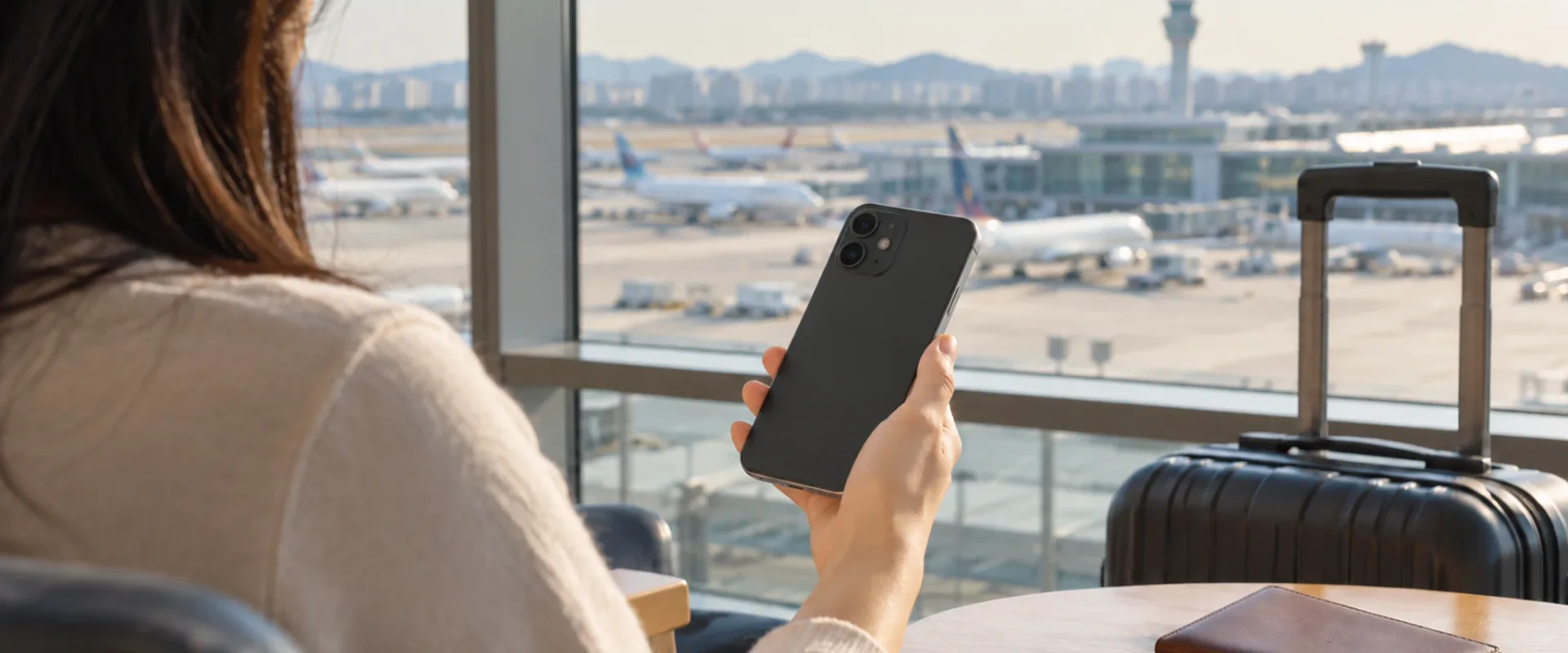 A traveler holding a smartphone beside a suitcase at an airport window