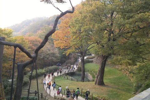 Walkers on a winding path below the South Gate of Namhansanseong, among trees turning orange and yellow