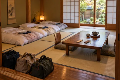 Three futons, three travel bags and two room keys in a Japanese-style room