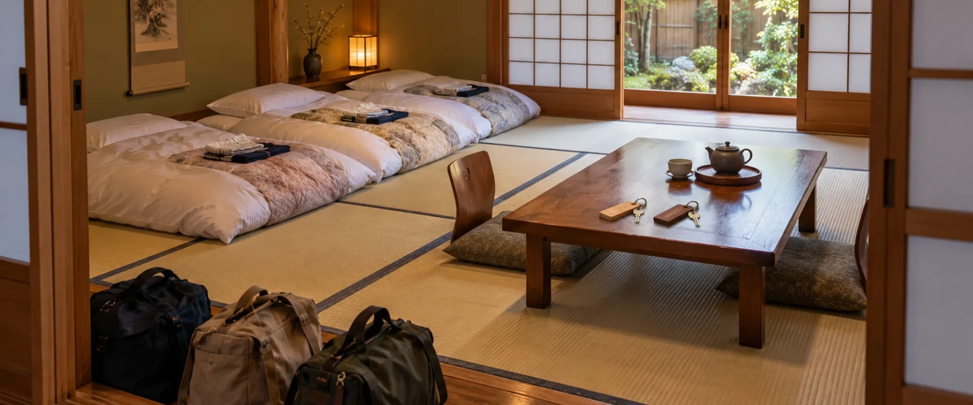Three futons, three travel bags and two room keys in a Japanese-style room