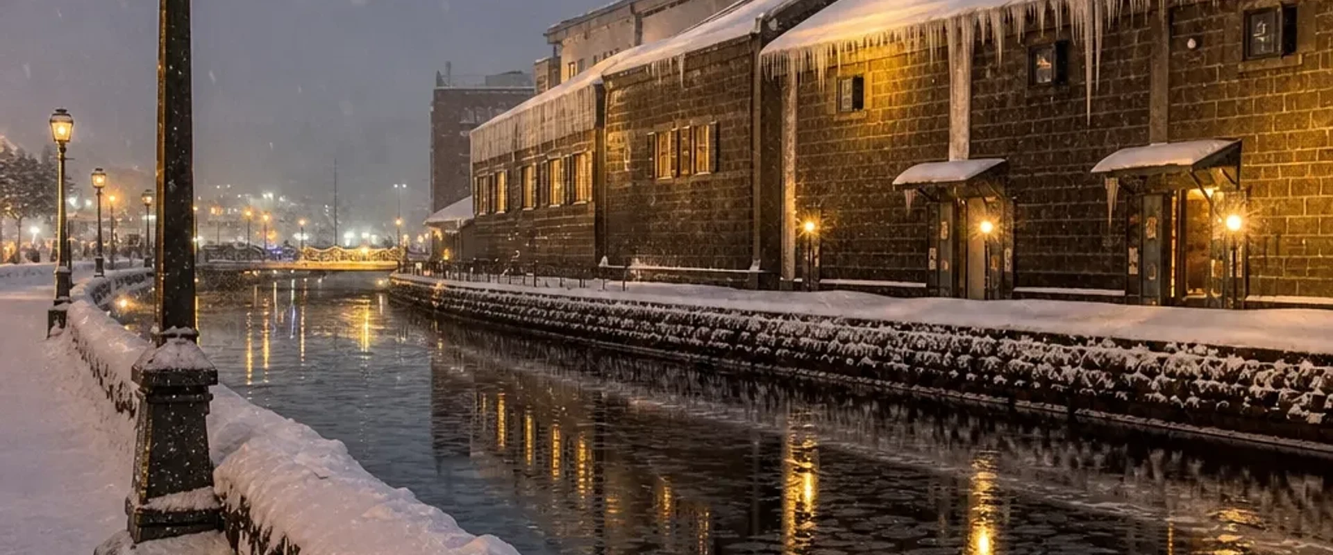 Winter snowscape and gas lamps at the Otaru Canal