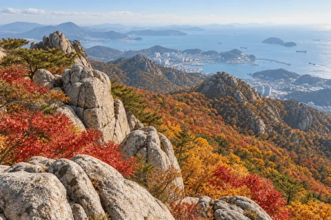 Gwongeumseong ridge and autumn foliage view above the cable car (example)