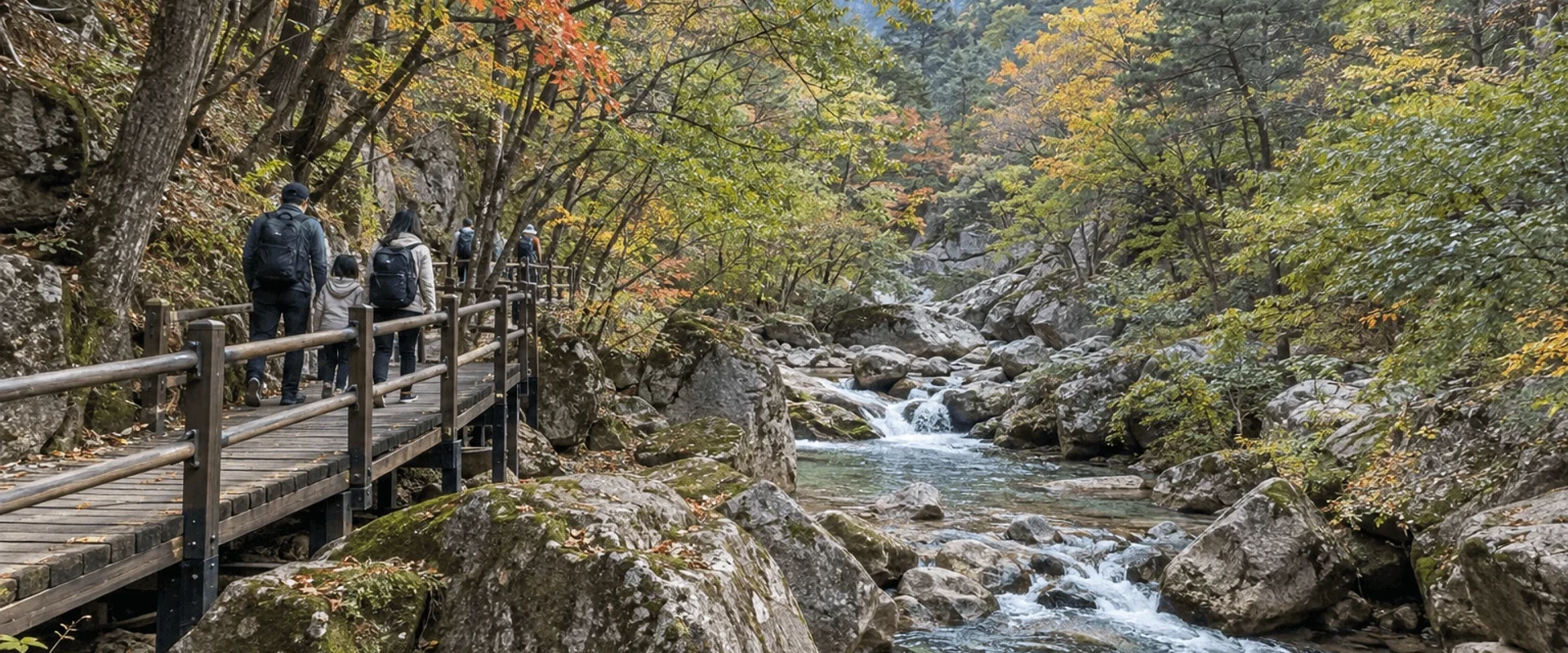 Example image of a family walking a forest valley trail in Seoraksan