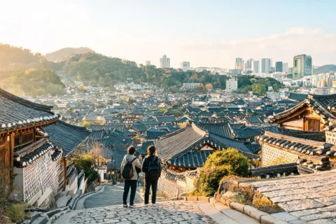 The photo spot overlooking the hanok roofs of Bukchon