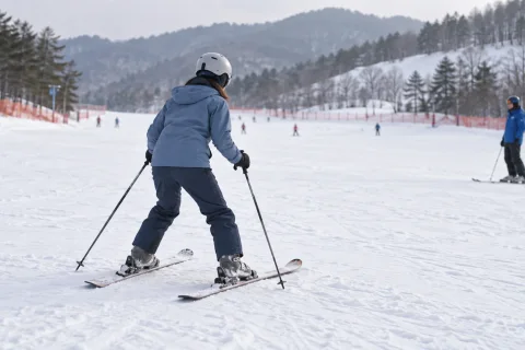 An adult skier with a helmet and ski poles on a gentle practice slope