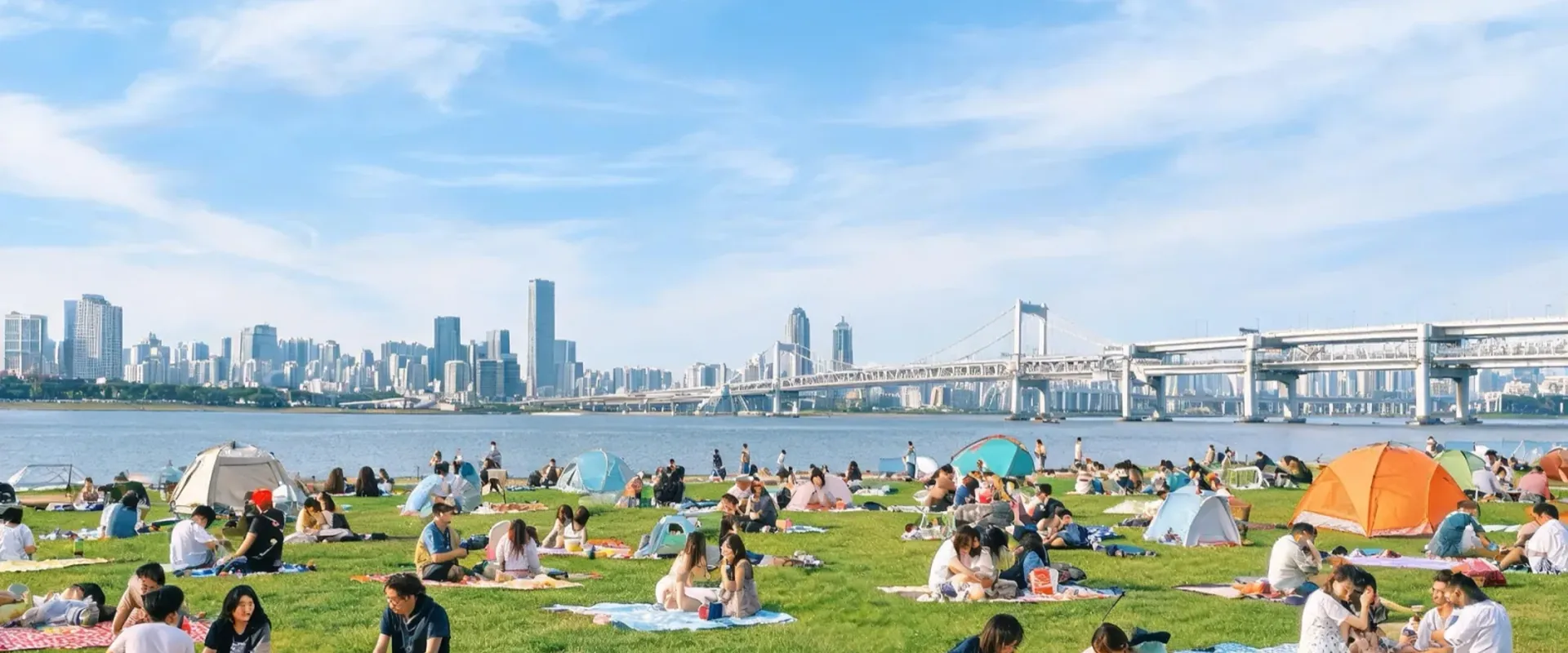 河濱草地上的野餐人群與遠方城市天際線