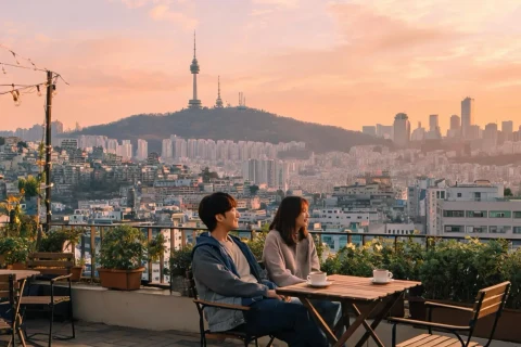 A terrace table facing a city skyline and tower on a hill