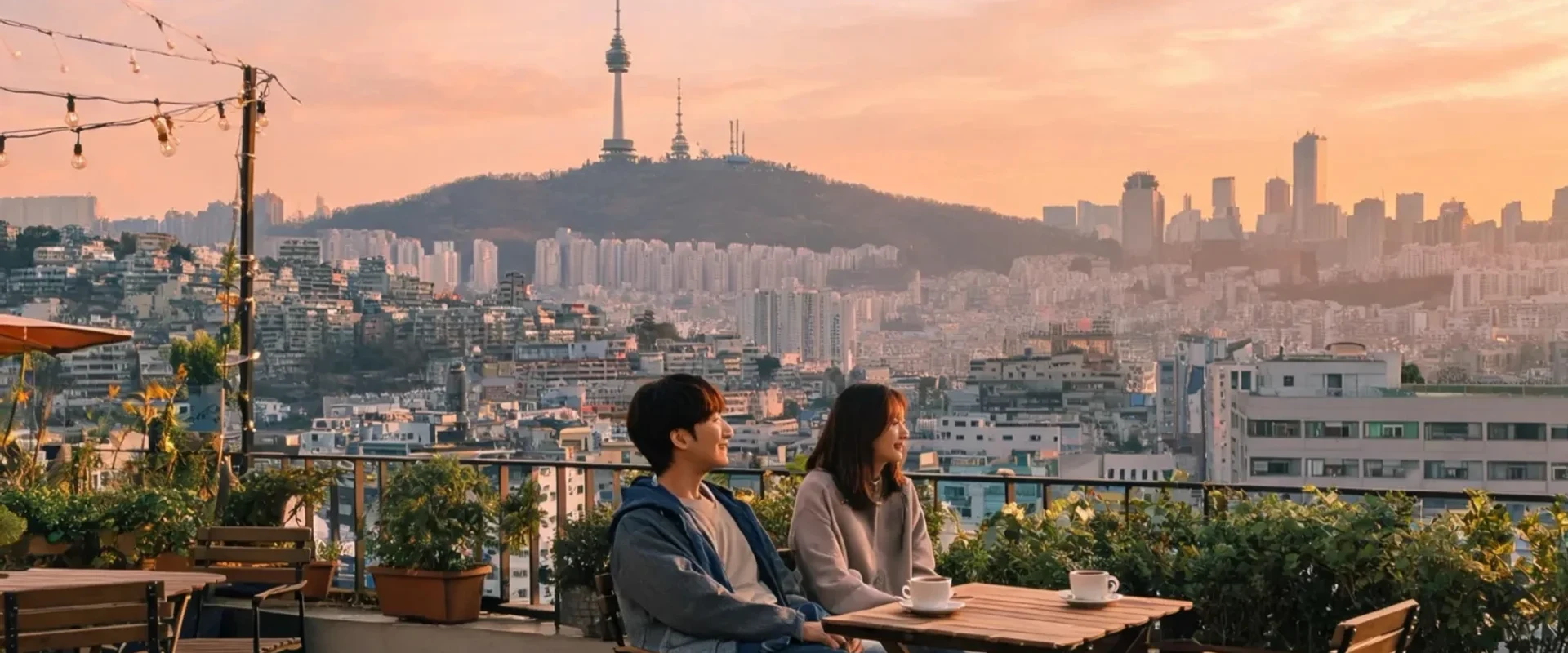 A terrace table facing a city skyline and tower on a hill