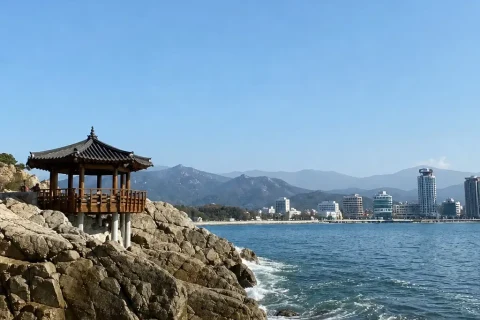 A wooden pavilion on rocky shores with the city skyline behind