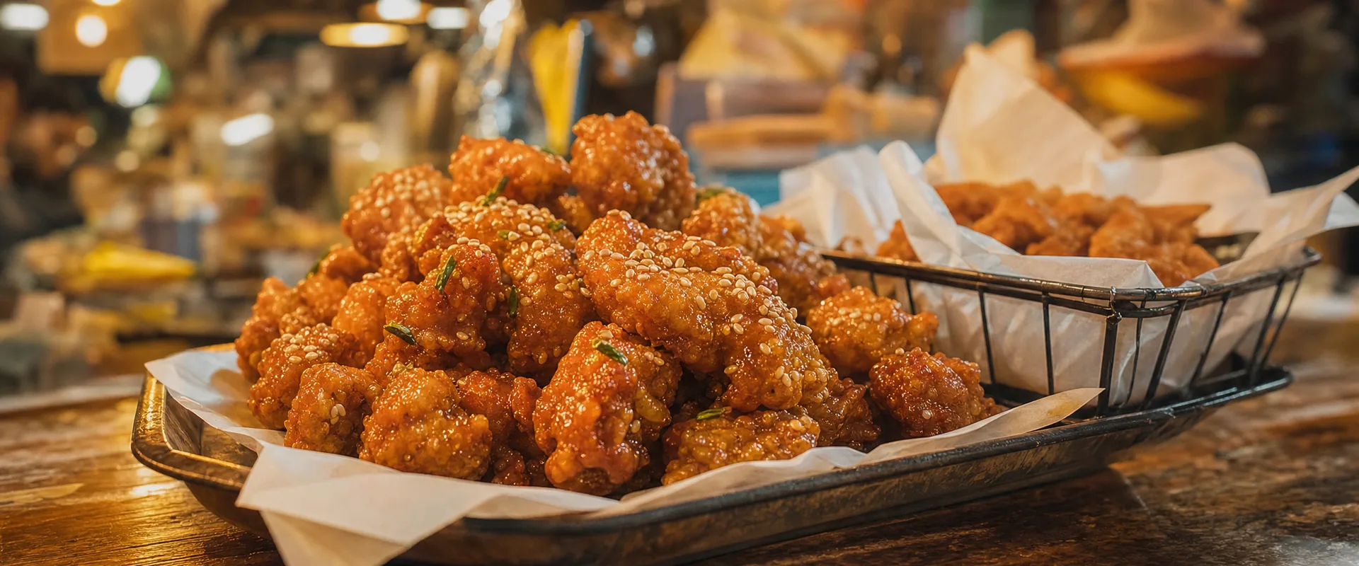 Glazed fried chicken with sesame in a tray