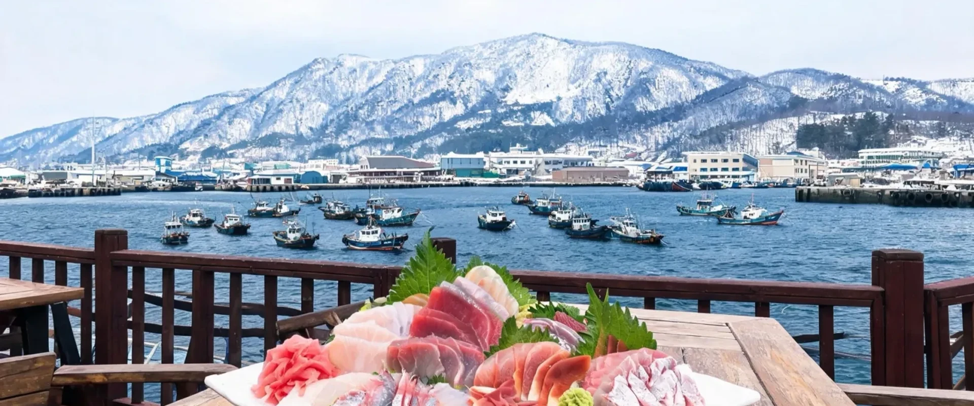 Illustrative harbor-and-sashimi scene, not a verified restaurant