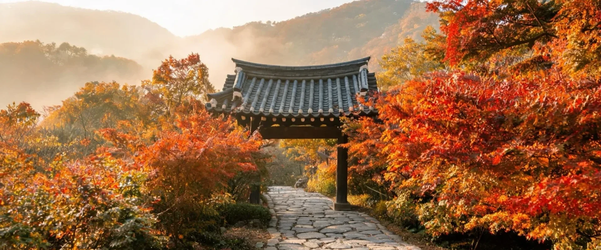 Illustrative autumn mountain trail with a traditional gate