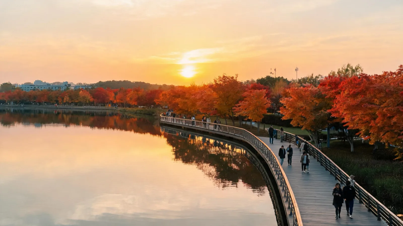Sunset falling over the lake with autumn leaves — an autumn evening at Gwanggyo Lake Park