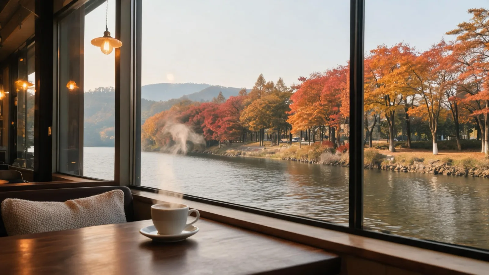 An autumn afternoon by the window of a view café overlooking the lake