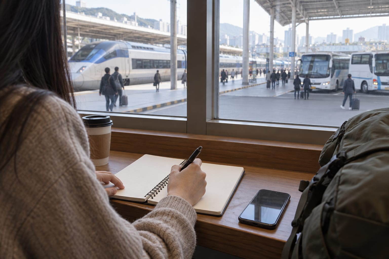 A travel-planning scene comparing central Gyeongju with Bulguksa after arriving at Gyeongju Station