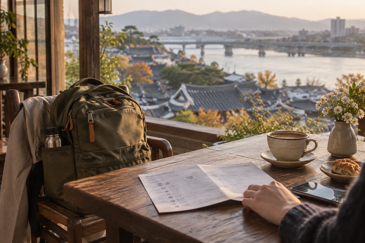 A day-trip planning scene checking weather, walking load and return time