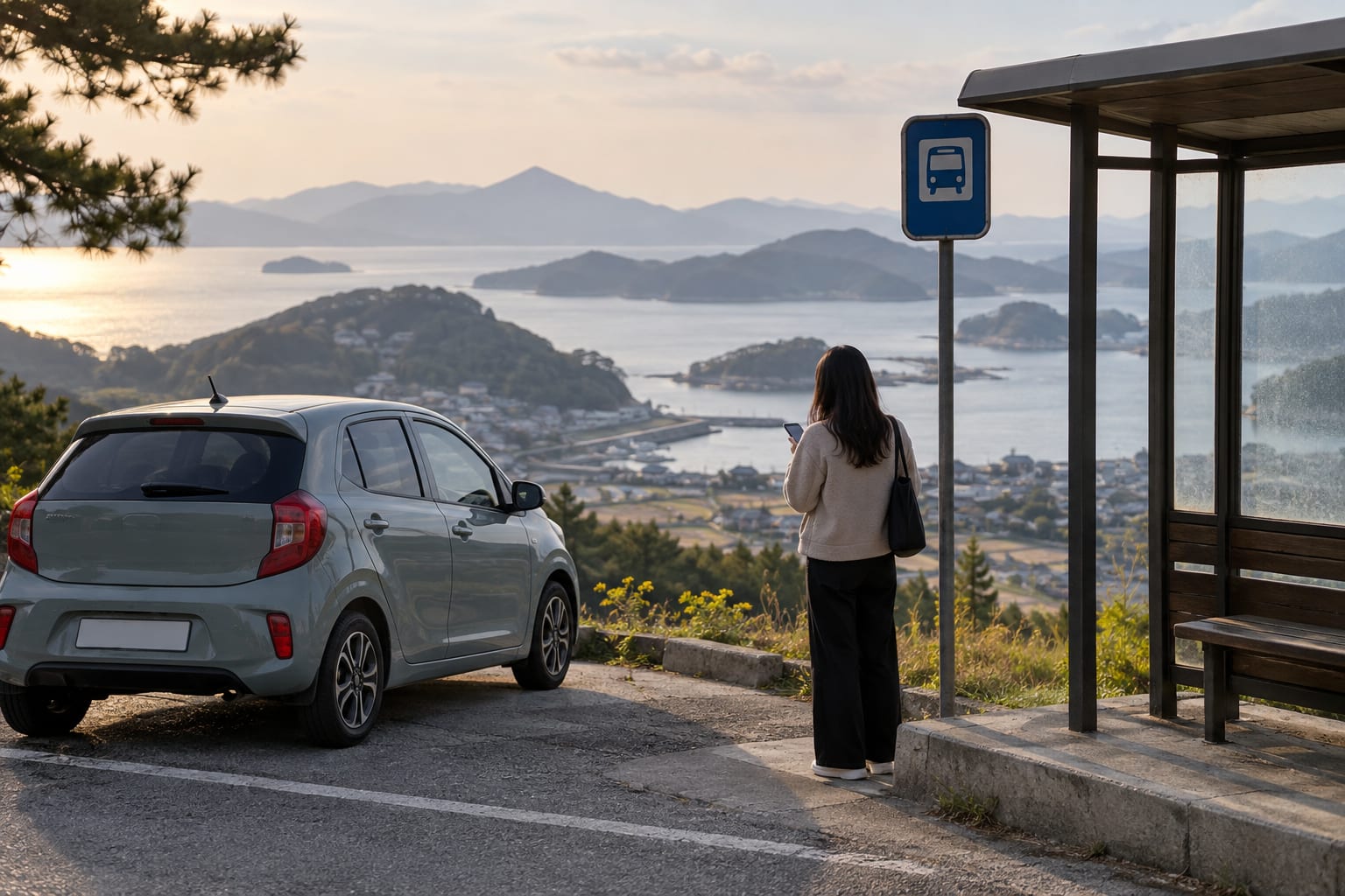 A traveler moving from a parked car toward a bus stop near Hwangnidan-gil