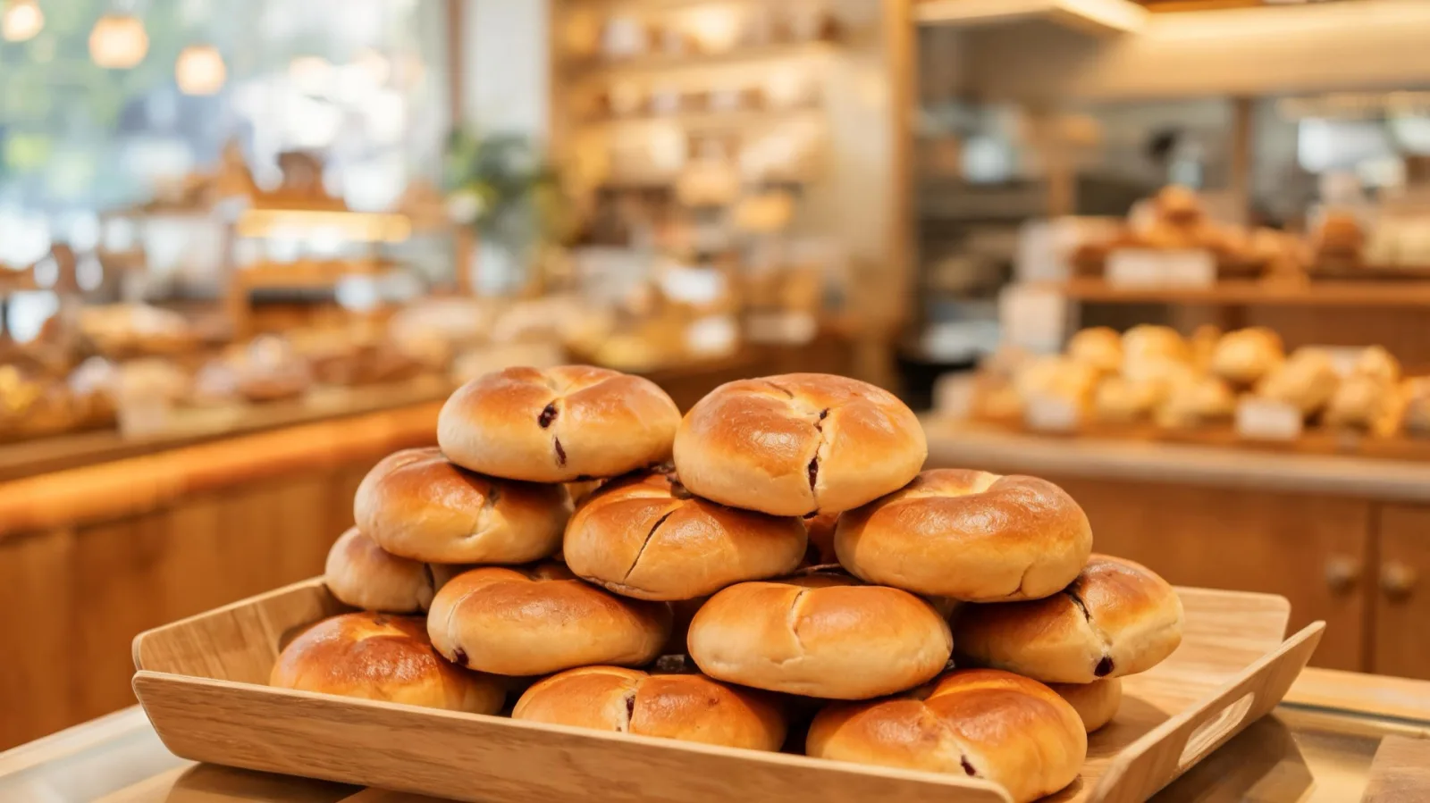 Small golden pastries on a wooden tray