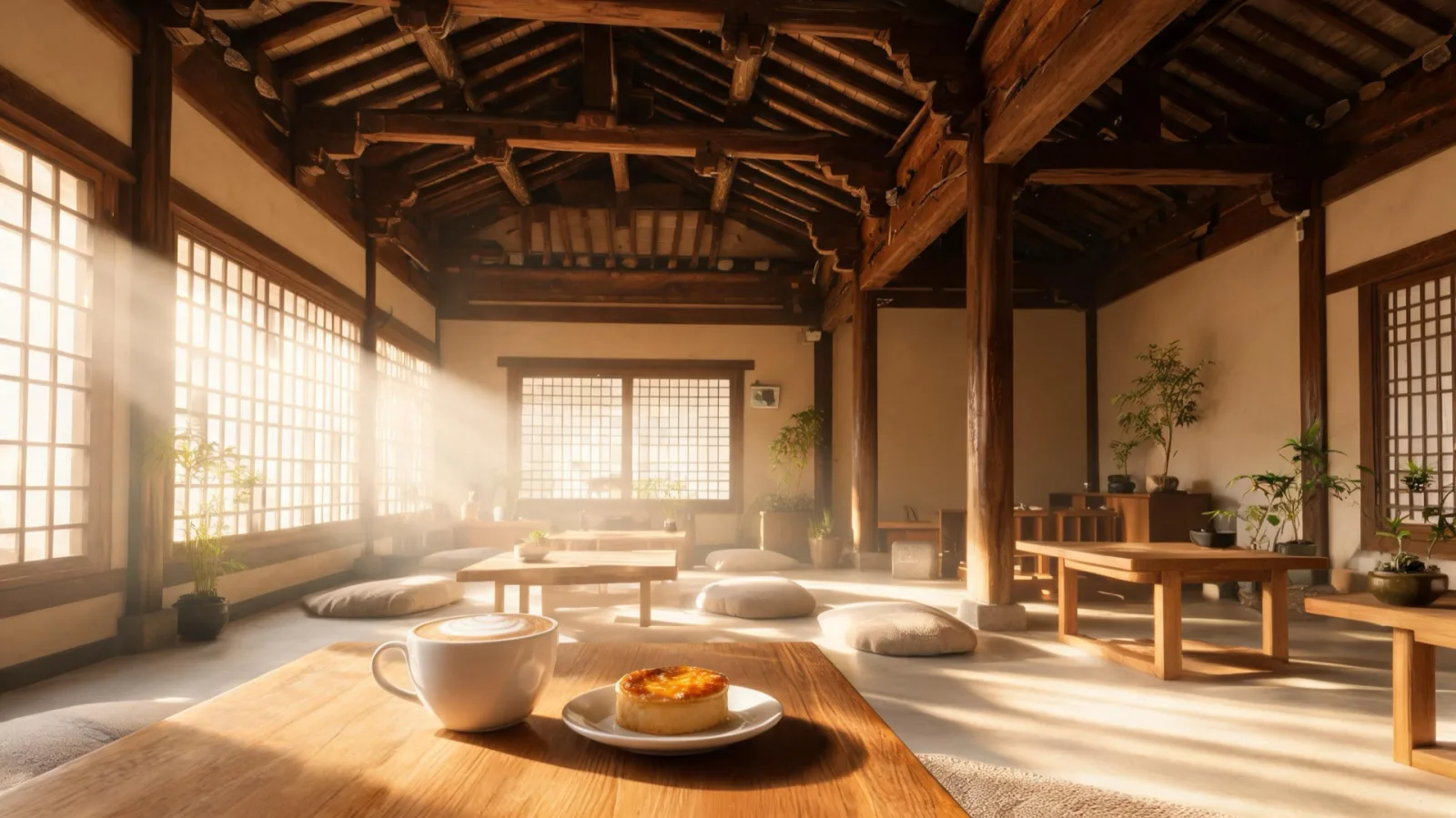 Coffee and a small dessert in a traditional wooden room