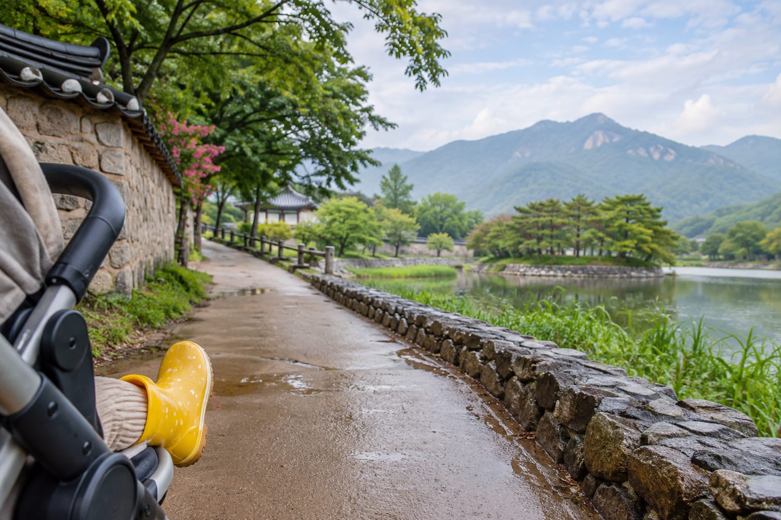 A family considering the insect-shaped sightseeing car as a mid-itinerary break in Gyeongju