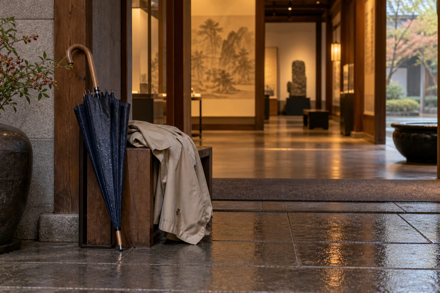 A rainy-day planning scene linking an indoor stop with a meal and a break in Gyeongju