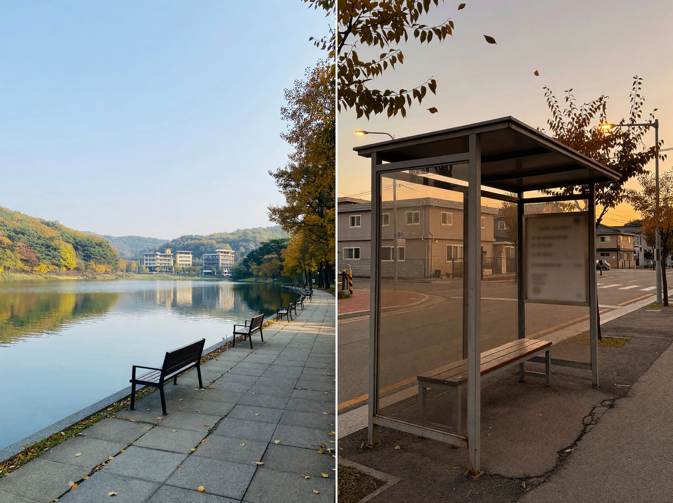 Two panels side by side: a wide calm lake ringed by low wooded hills with a paved lakeside path, and a simple roadside bus shelter on a quiet street at dusk.