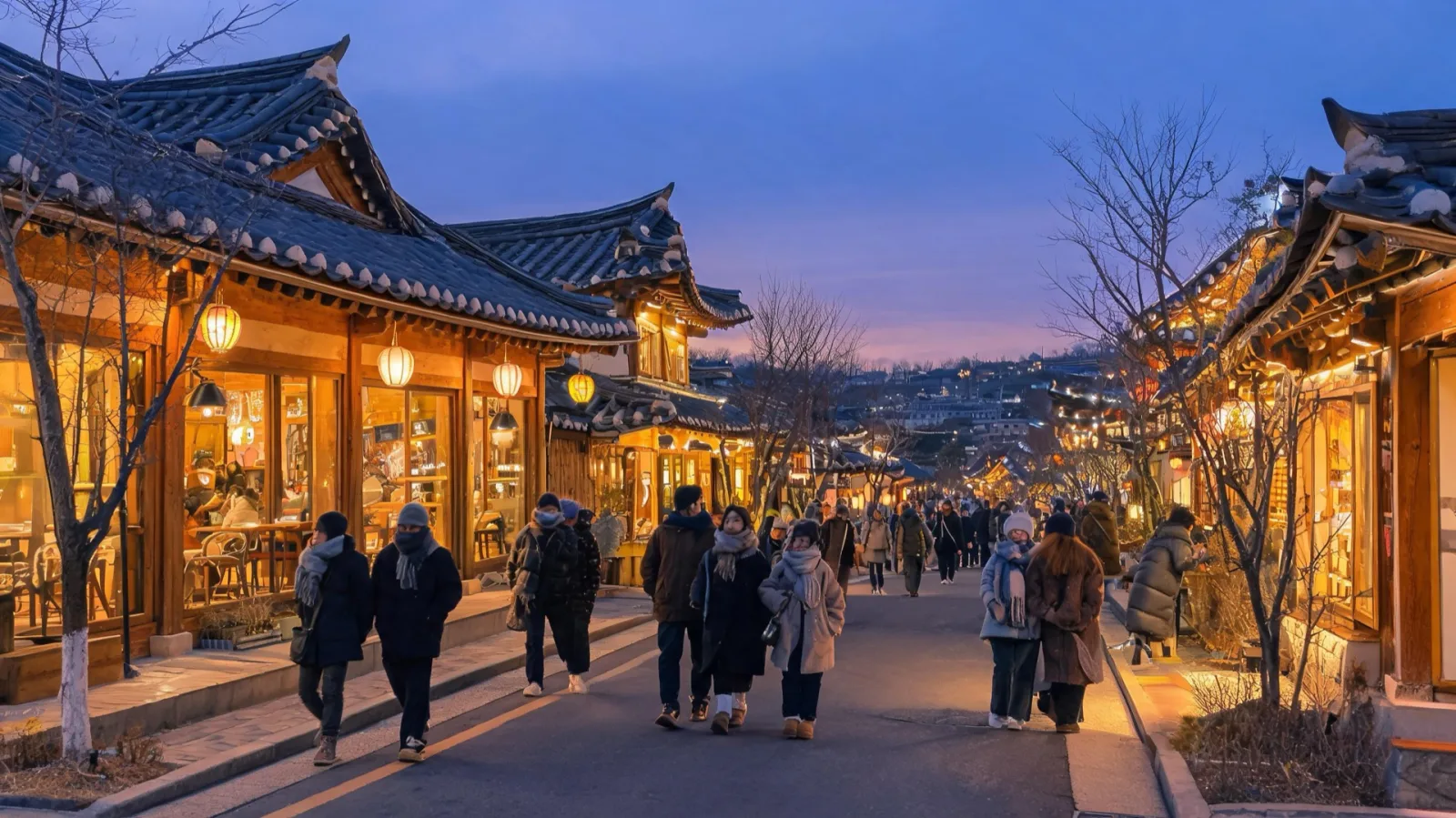 A traditional-style shopping lane at dusk