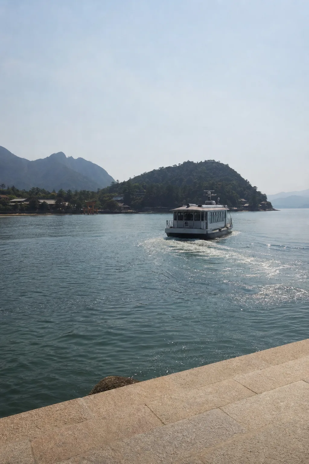 A Miyajima ferry crossing to the island, about 10 minutes from Miyajimaguchi