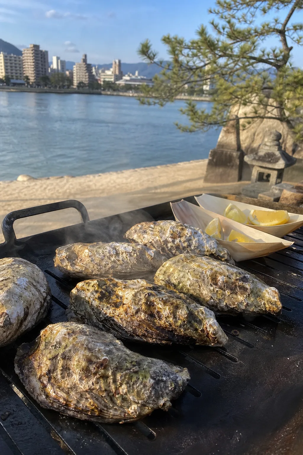 Grilled oysters on the Omotesando shopping street in Miyajima