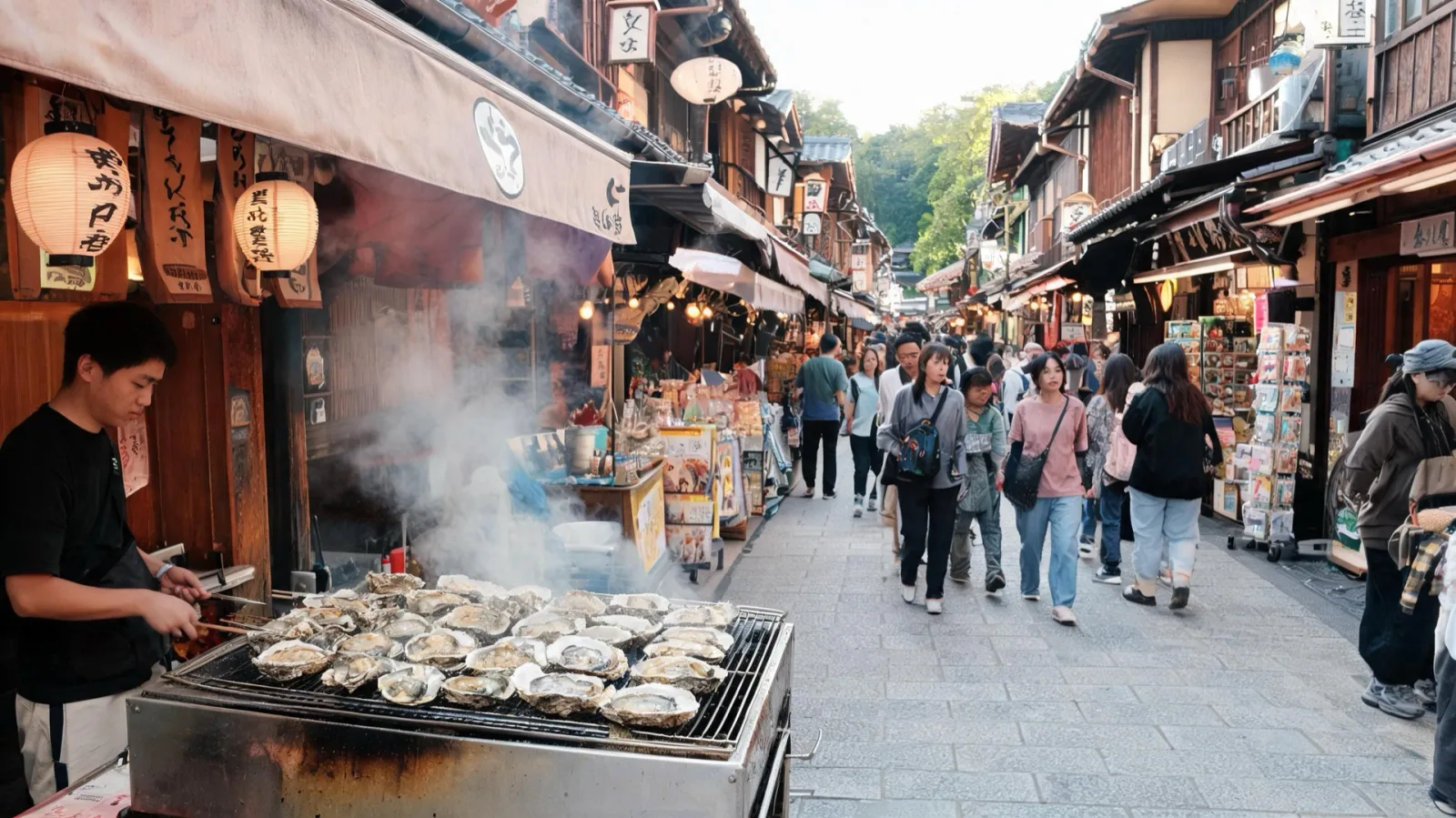 Grilled oyster street food on the Omotesando shopping street in Miyajima
