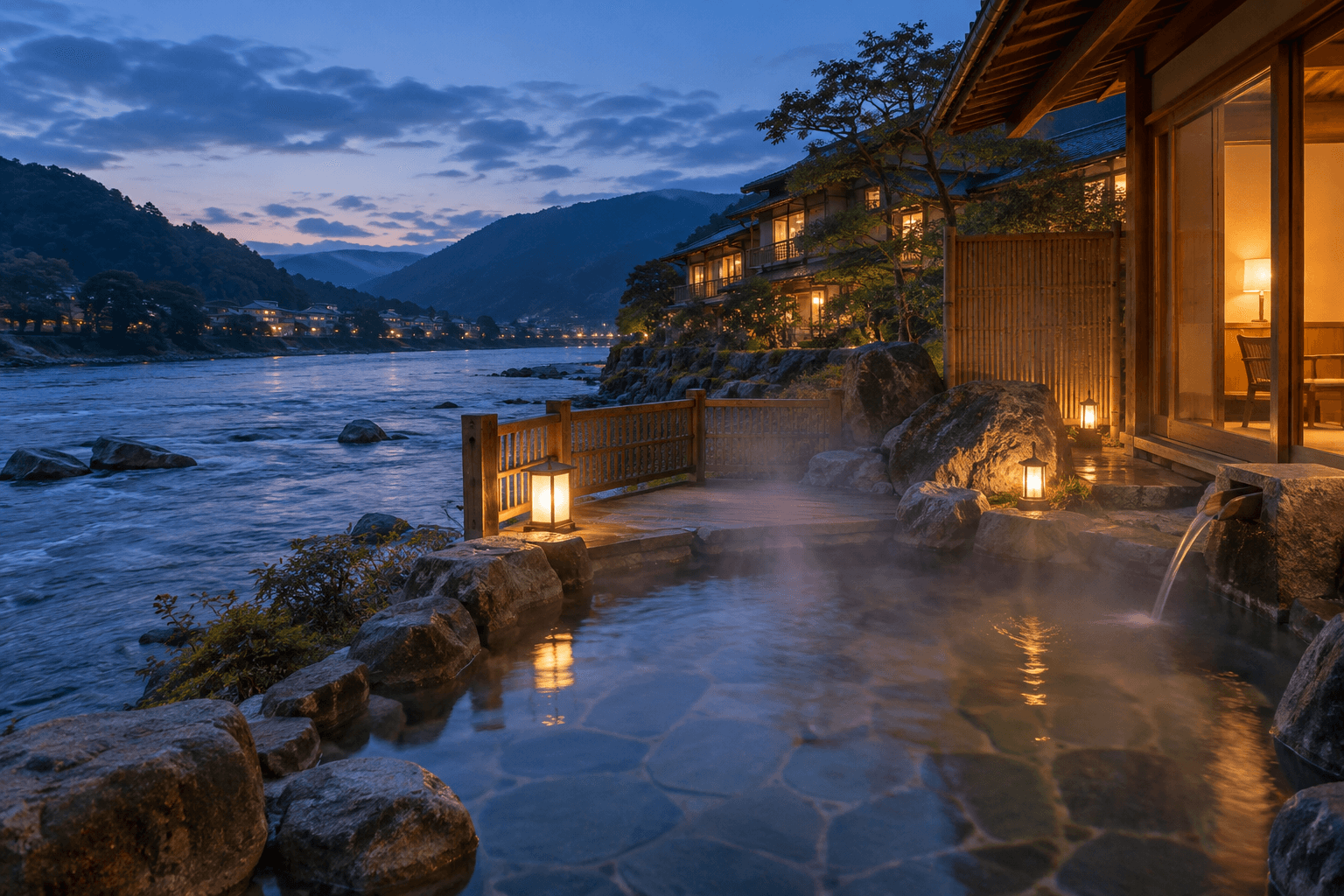 俯瞰三隈川的河畔旅館露天風呂示意