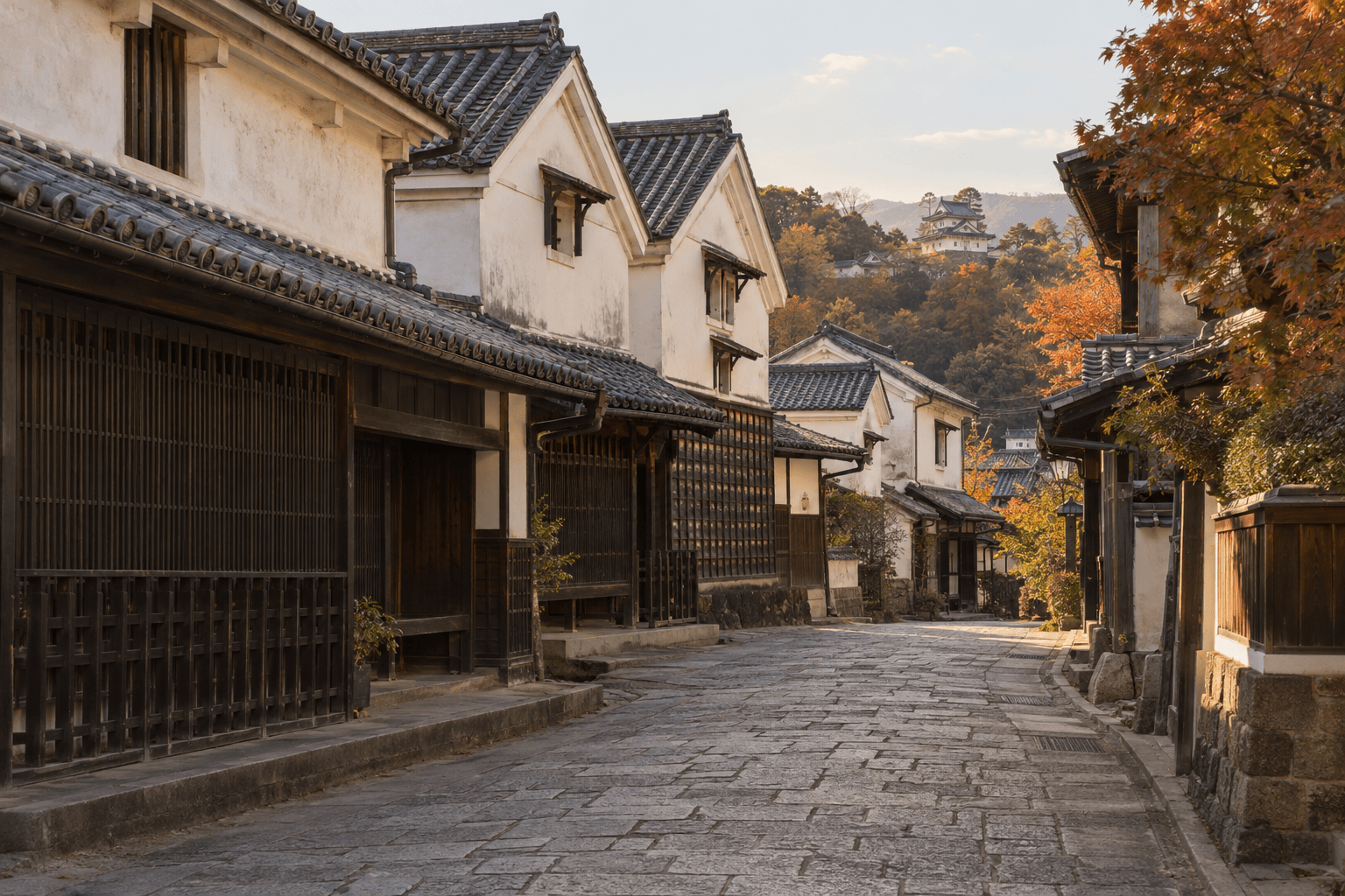 豆田町老街白牆與木造建築的場景示意