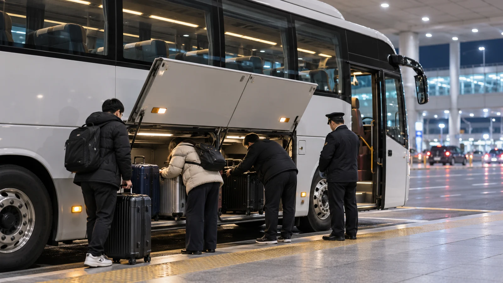 Travelers loading suitcases into the luggage hold of an airport coach at night