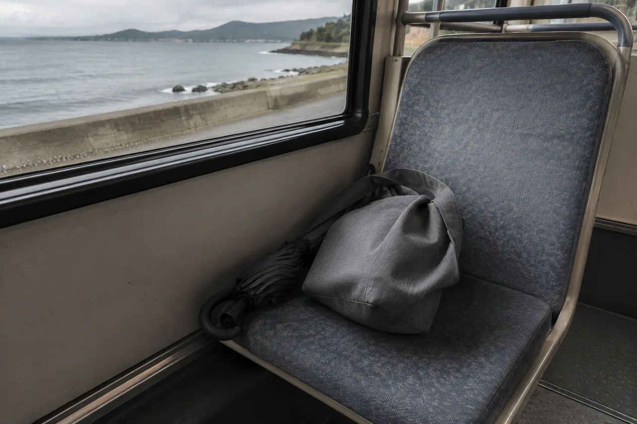 A cloth bag and folded umbrella on a bus window seat, with the sea outside.