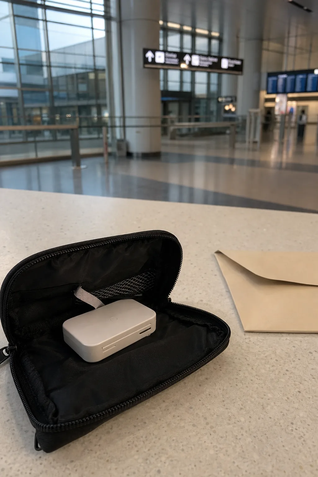 裝入收納袋準備歸還的隨身 WiFi 機,背景為出境大廳