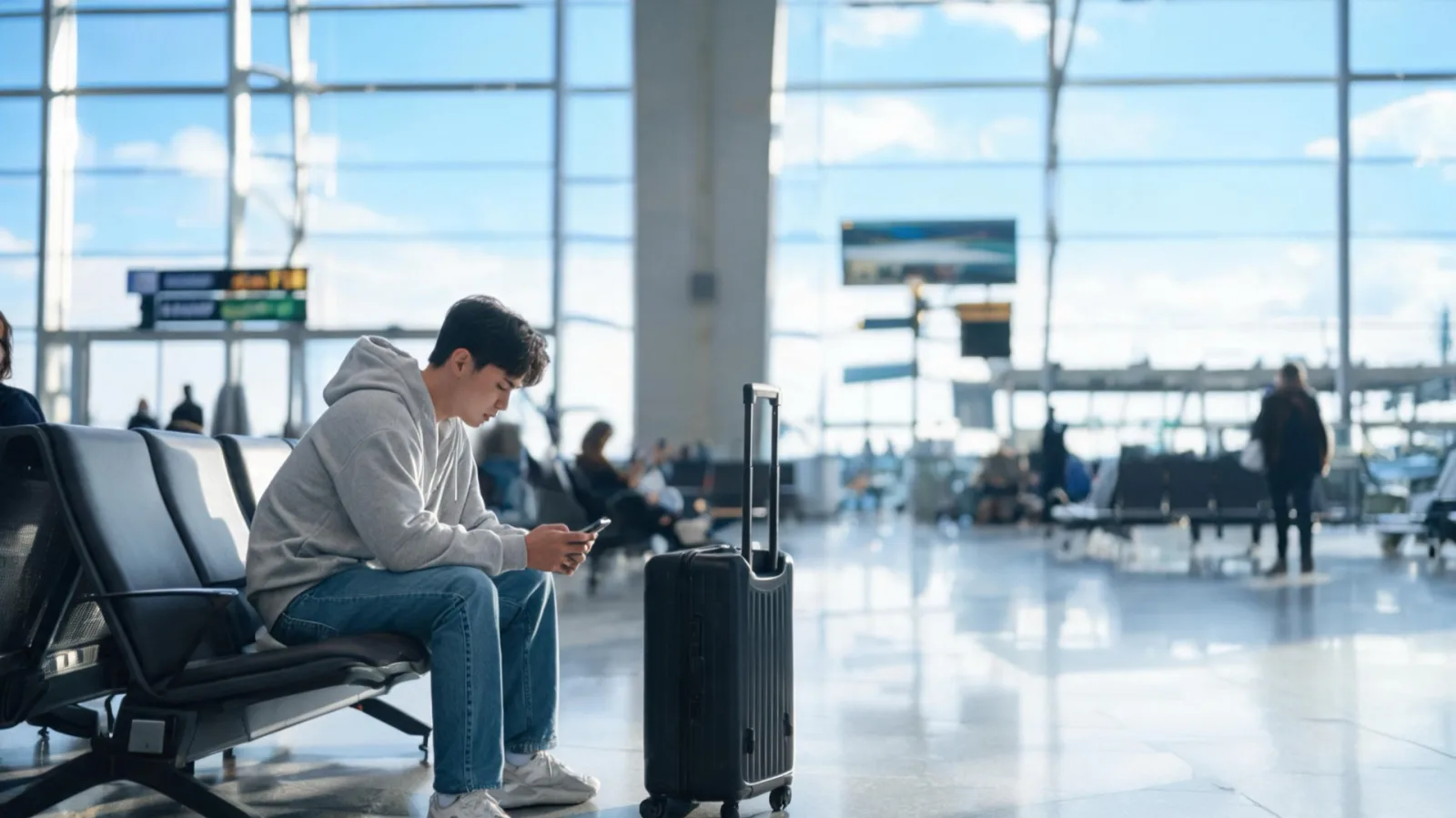 A traveler checking travel information on a smartphone at the airport