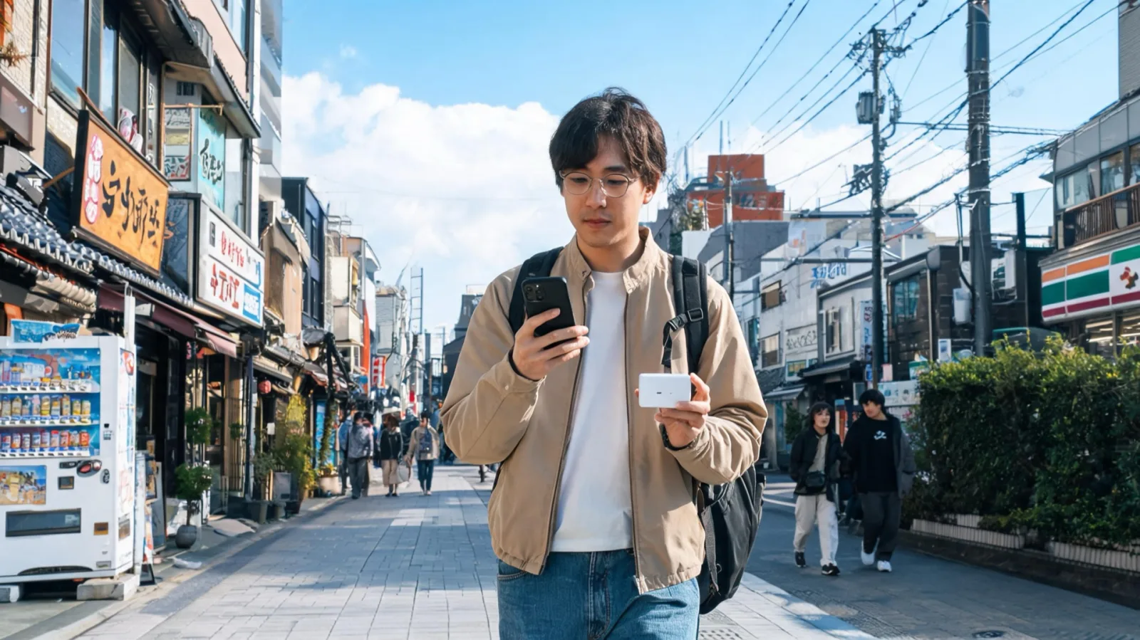 A traveler on the move carrying a pocket WiFi and a smartphone