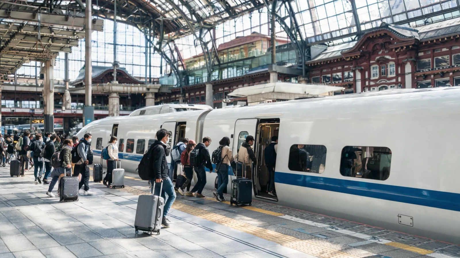Travelers with luggage on the Shinkansen platform at Tokyo Station