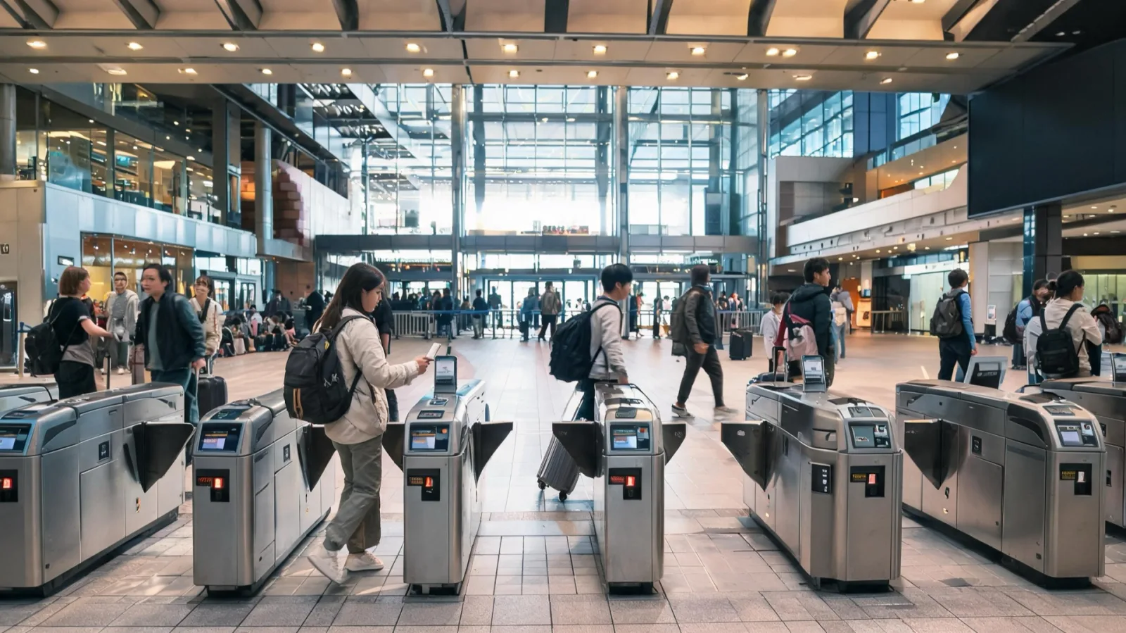 Travelers passing through the ticket gates at Kyoto Station